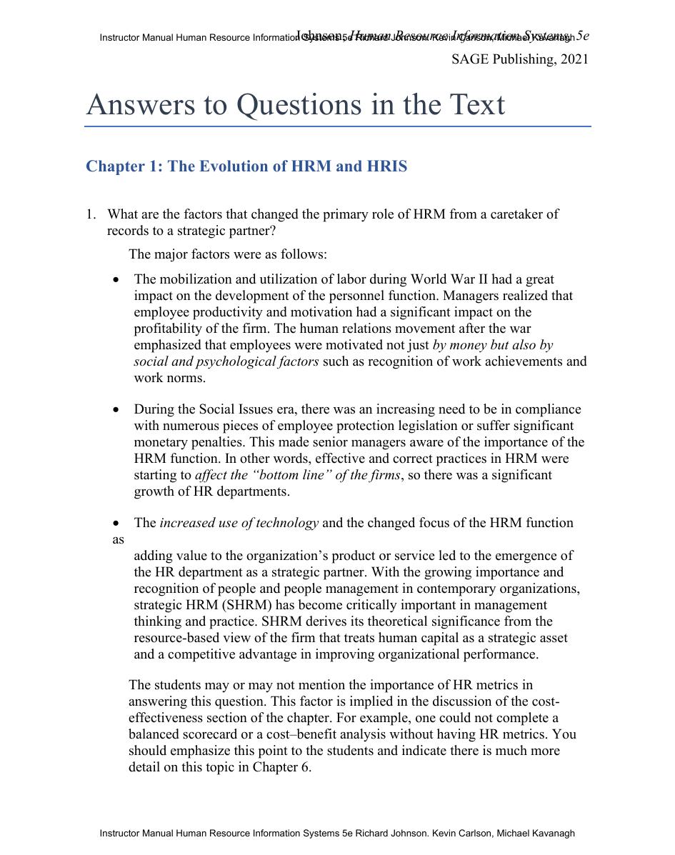 Preview page 3 of Instructor Manual Human Resource Information Systems 5th Edition By Richard Johnson. Kevin Carlson, Michael Kavanagh