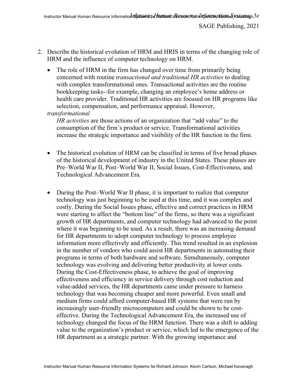 Preview page 4 of Instructor Manual Human Resource Information Systems 5th Edition By Richard Johnson. Kevin Carlson, Michael Kavanagh