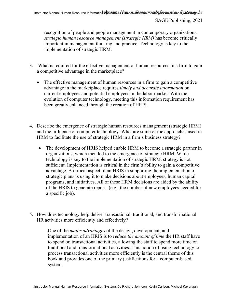 Preview page 5 of Instructor Manual Human Resource Information Systems 5th Edition By Richard Johnson. Kevin Carlson, Michael Kavanagh