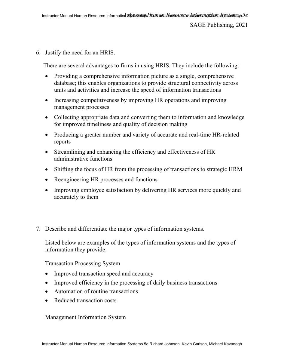 Preview page 6 of Instructor Manual Human Resource Information Systems 5th Edition By Richard Johnson. Kevin Carlson, Michael Kavanagh