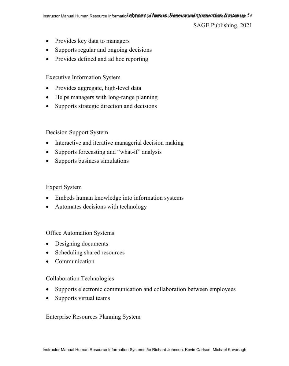 Preview page 7 of Instructor Manual Human Resource Information Systems 5th Edition By Richard Johnson. Kevin Carlson, Michael Kavanagh