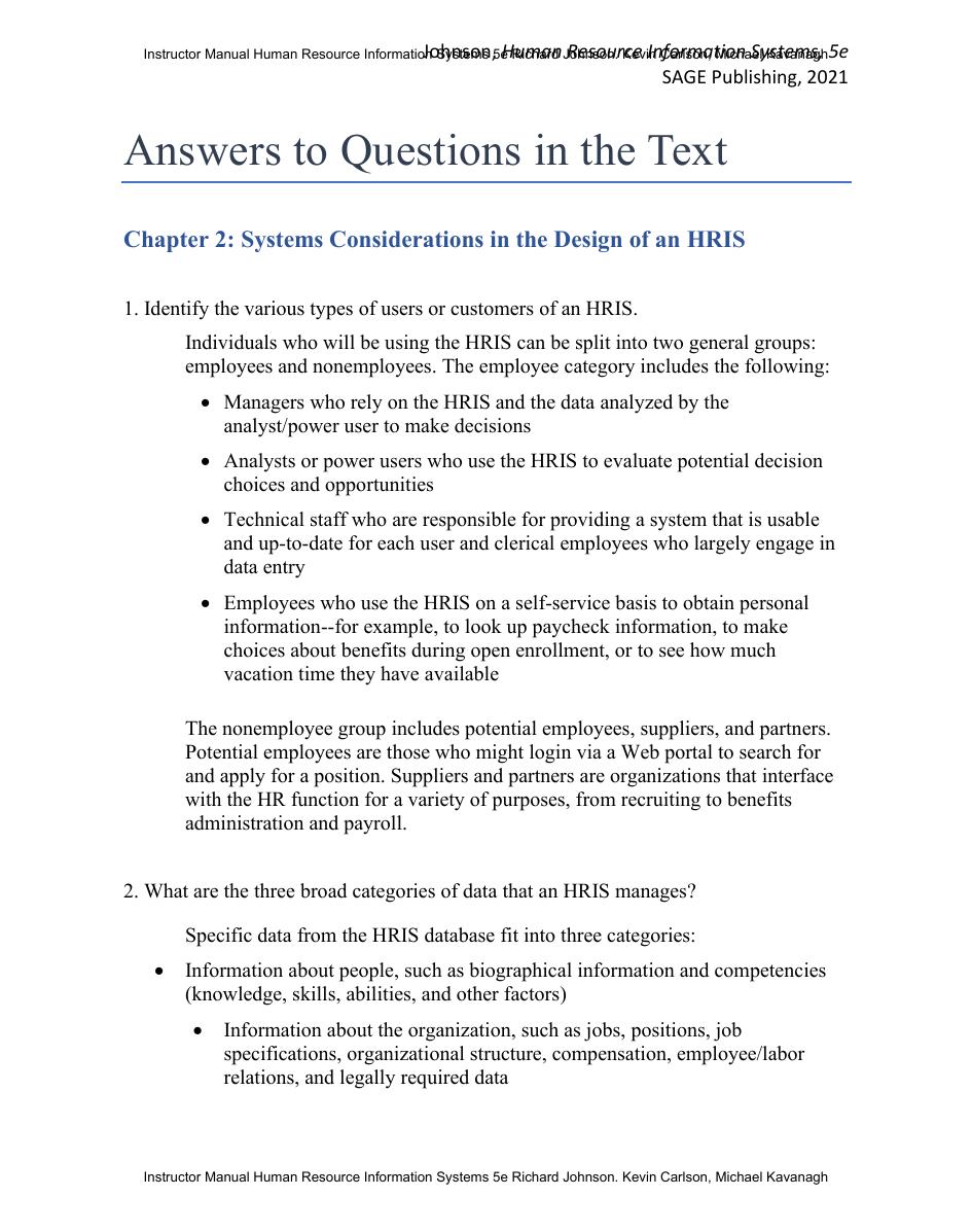 Preview page 9 of Instructor Manual Human Resource Information Systems 5th Edition By Richard Johnson. Kevin Carlson, Michael Kavanagh