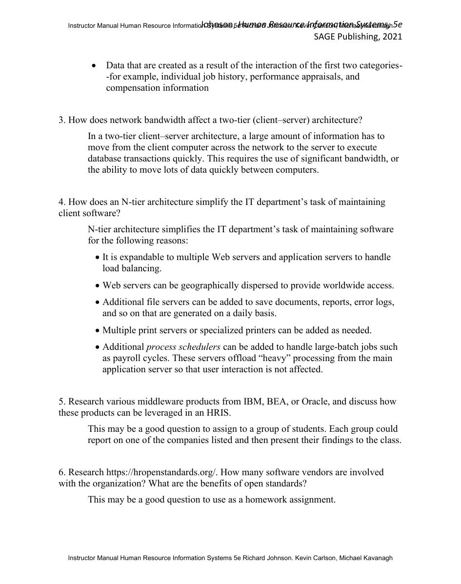 Preview page 10 of Instructor Manual Human Resource Information Systems 5th Edition By Richard Johnson. Kevin Carlson, Michael Kavanagh