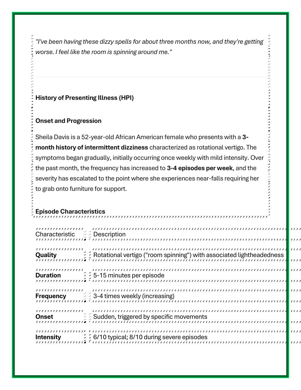 Preview page 3 of i-Human Advanced DDx Case Study:  Sheila Davis (68-Year-Old Female  Presenting with Dizziness) | Complete  Patient Inter