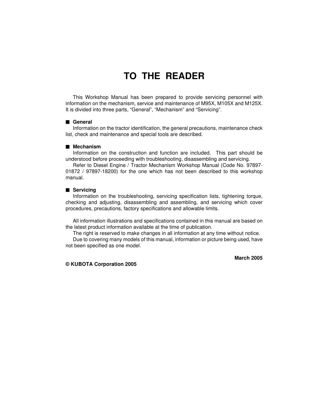 Preview page 2 of KUBOTA M95X M105X M125X WORKSHOP MANUAL