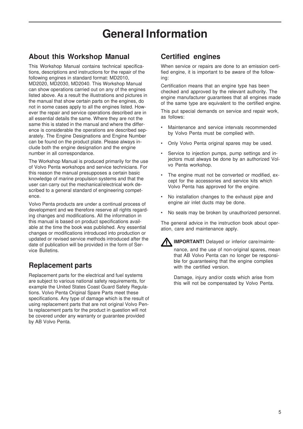 Preview page 7 of VOLVO PENTA ENGINE - MD2010 MD2020 MD2030 MD2040 - WORKSHOP SERVICE MANUAL