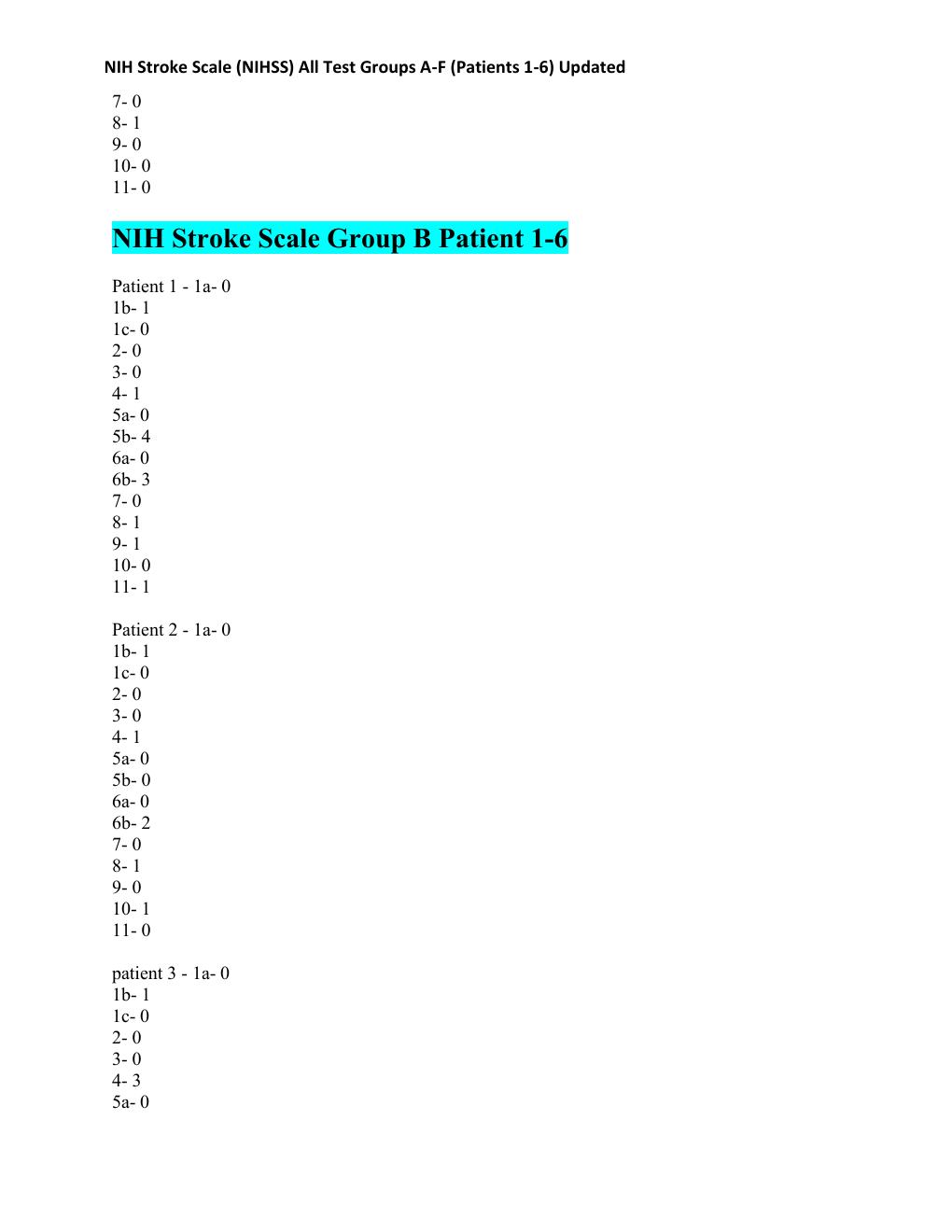 Preview page 3 of NIH Stroke Scale (NIHSS) All Test Groups A-F (Patients 1-6) Updated