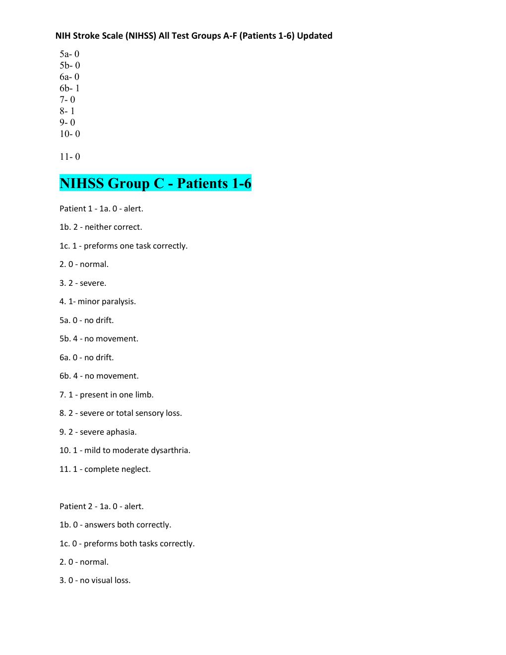 Preview page 5 of NIH Stroke Scale (NIHSS) All Test Groups A-F (Patients 1-6) Updated