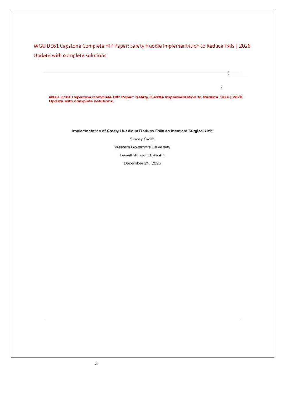 Preview page 2 of WGU D161 Capstone Complete HIP Paper: Safety Huddle Implementation to Reduce Falls | 2026 Update with complete solutions