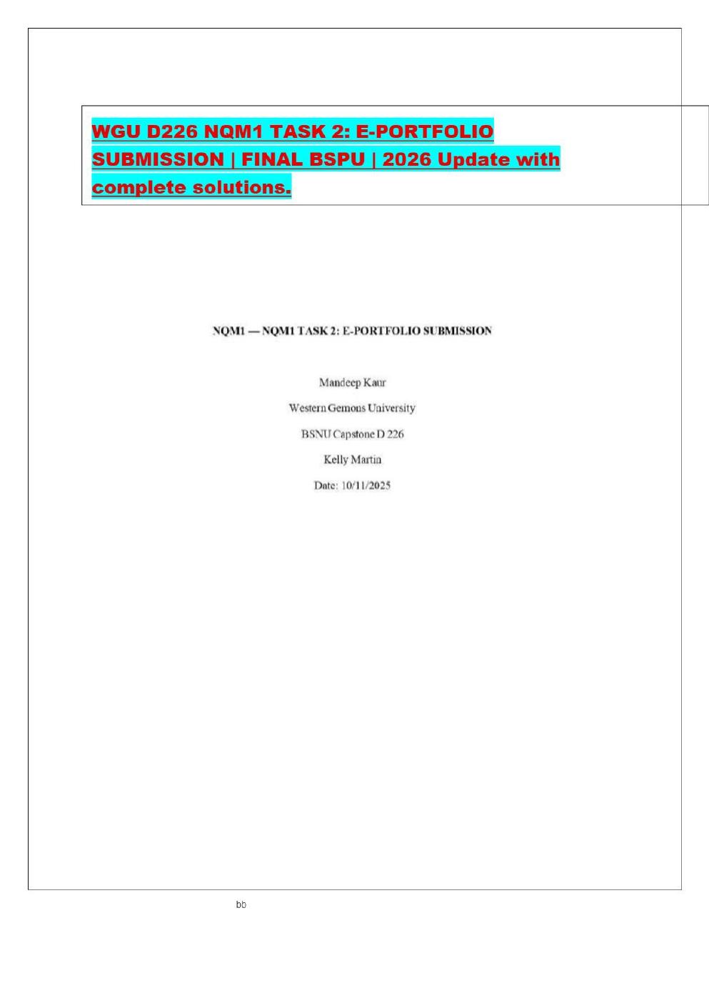 Preview page 2 of WGU D226 NQM1 TASK 2: E-PORTFOLIO SUBMISSION | FINAL BSPU | 2026 Update with complete solutions.