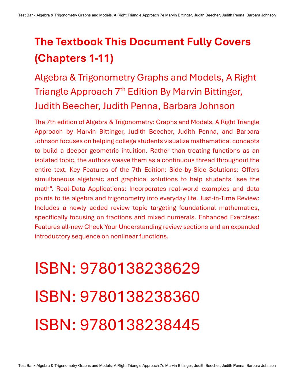 Preview page 2 of Test Bank Algebra & Trigonometry Graphs and Models, A Right Triangle Approach 7th Edition By Marvin Bittinger, Judith Be
