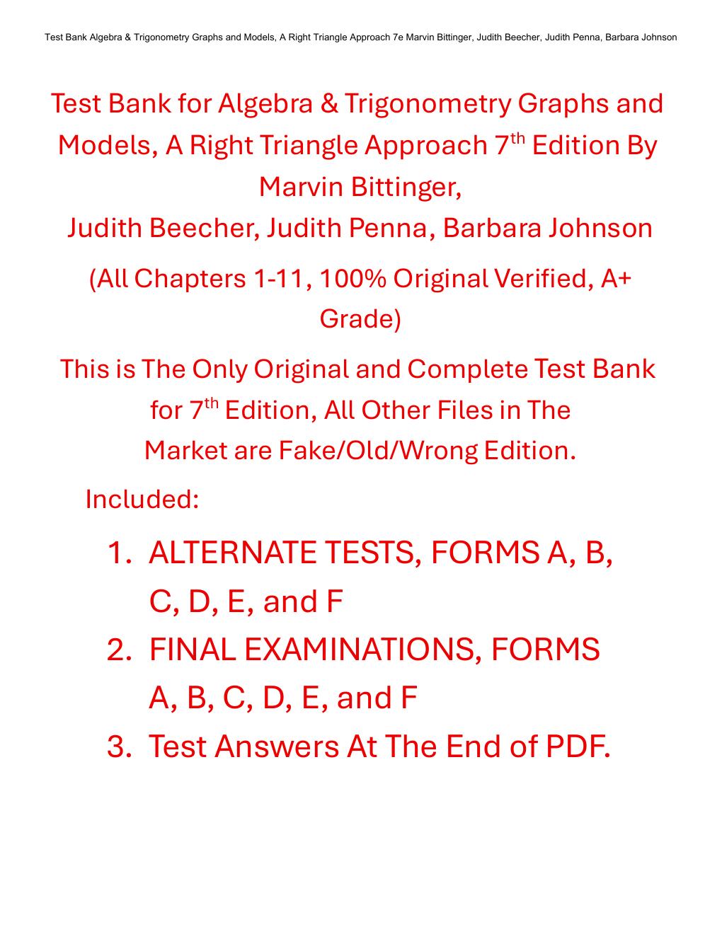 Preview page 2 of TEST BANK for Algebra & Trigonometry Graphs and Models, A Right Triangle Approach 7th Edition By Marvin Bittinger, Judit