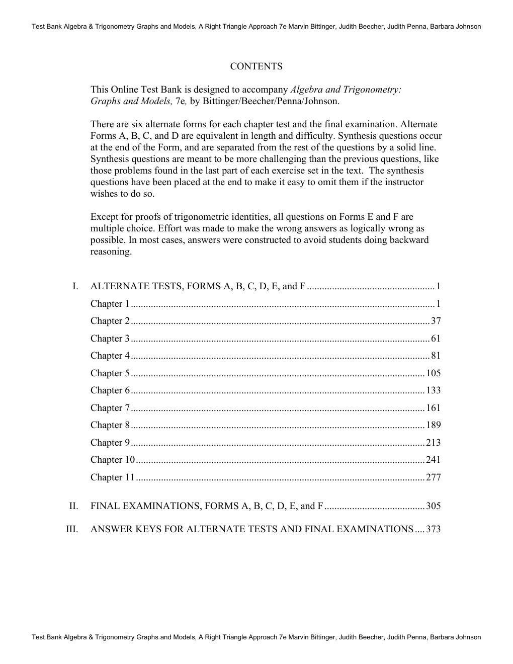 Preview page 4 of Test Bank Algebra & Trigonometry Graphs and Models, A Right Triangle Approach 7th Edition By Marvin Bittinger, Judith Be
