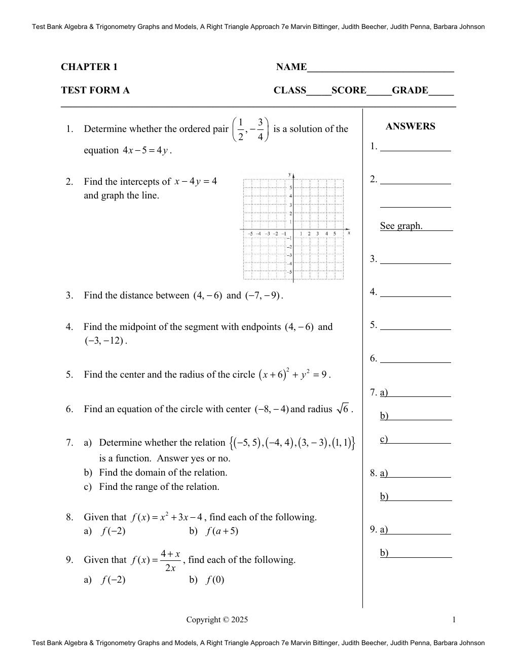 Preview page 5 of Test Bank Algebra & Trigonometry Graphs and Models, A Right Triangle Approach 7th Edition By Marvin Bittinger, Judith Be