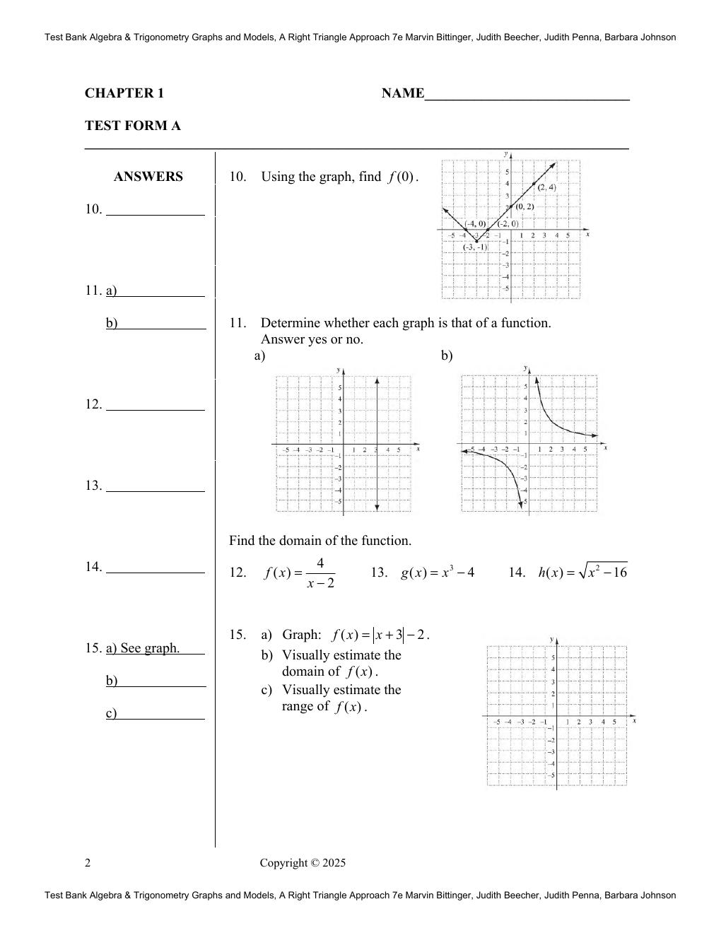 Preview page 6 of Test Bank Algebra & Trigonometry Graphs and Models, A Right Triangle Approach 7th Edition By Marvin Bittinger, Judith Be