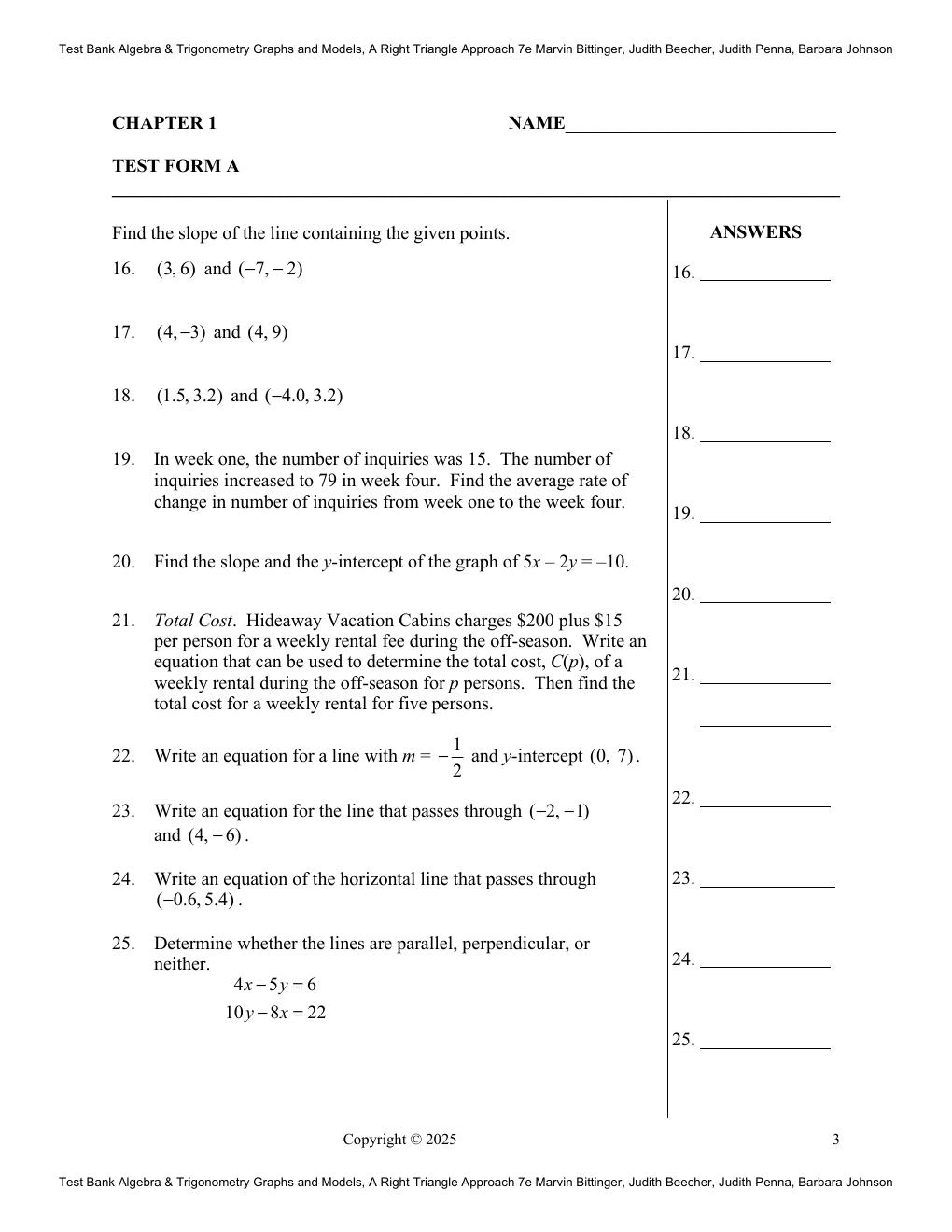 Preview page 7 of Test Bank Algebra & Trigonometry Graphs and Models, A Right Triangle Approach 7th Edition By Marvin Bittinger, Judith Be
