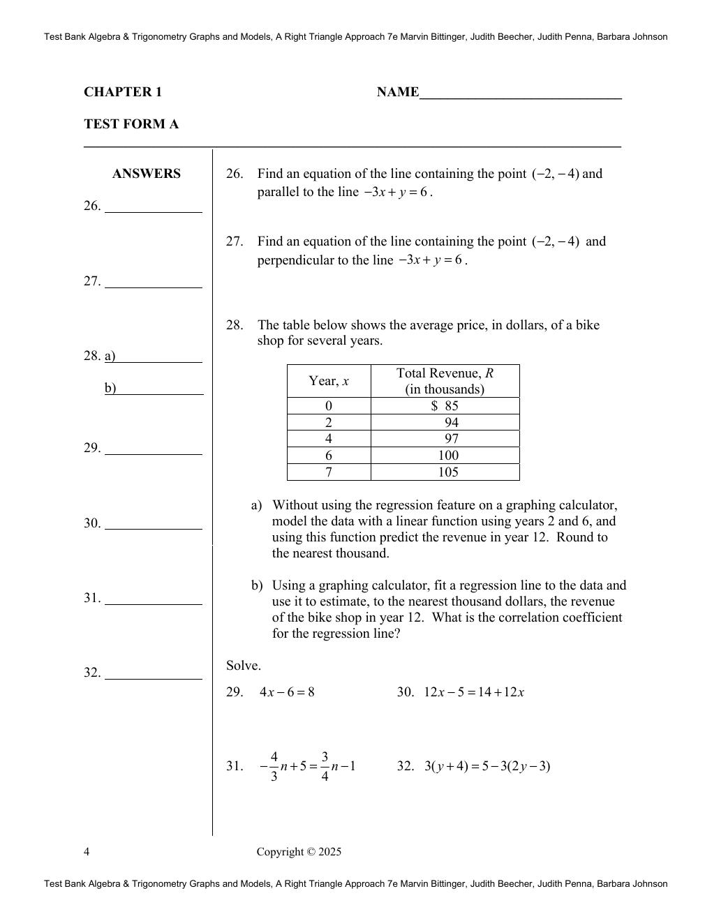 Preview page 8 of Test Bank Algebra & Trigonometry Graphs and Models, A Right Triangle Approach 7th Edition By Marvin Bittinger, Judith Be