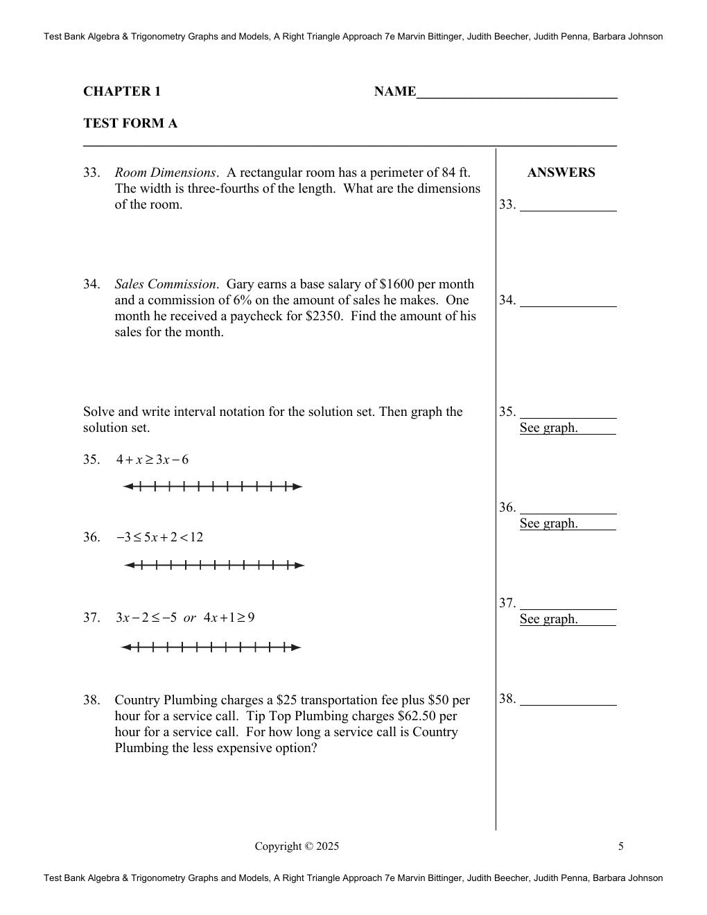 Preview page 9 of Test Bank Algebra & Trigonometry Graphs and Models, A Right Triangle Approach 7th Edition By Marvin Bittinger, Judith Be