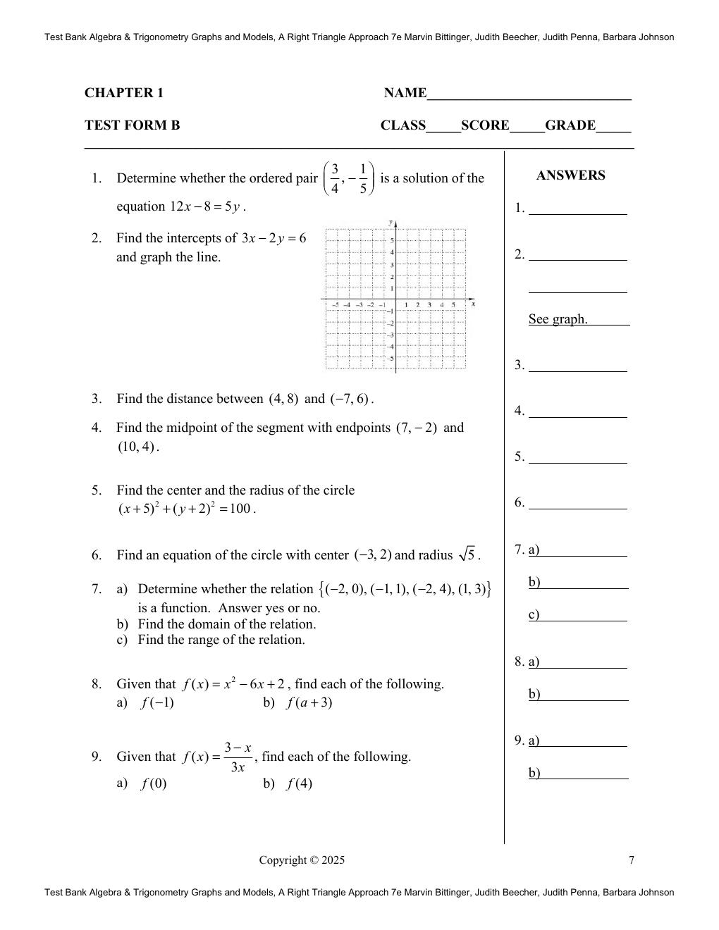Preview page 9 of TEST BANK for Algebra & Trigonometry Graphs and Models, A Right Triangle Approach 7th Edition By Marvin Bittinger, Judit