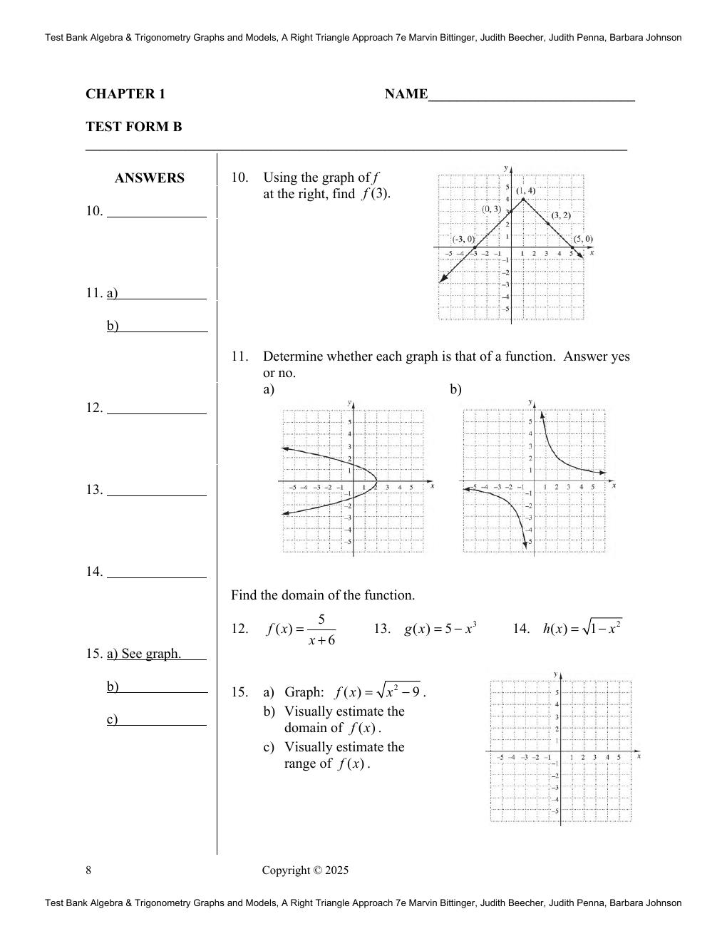 Preview page 10 of TEST BANK for Algebra & Trigonometry Graphs and Models, A Right Triangle Approach 7th Edition By Marvin Bittinger, Judit