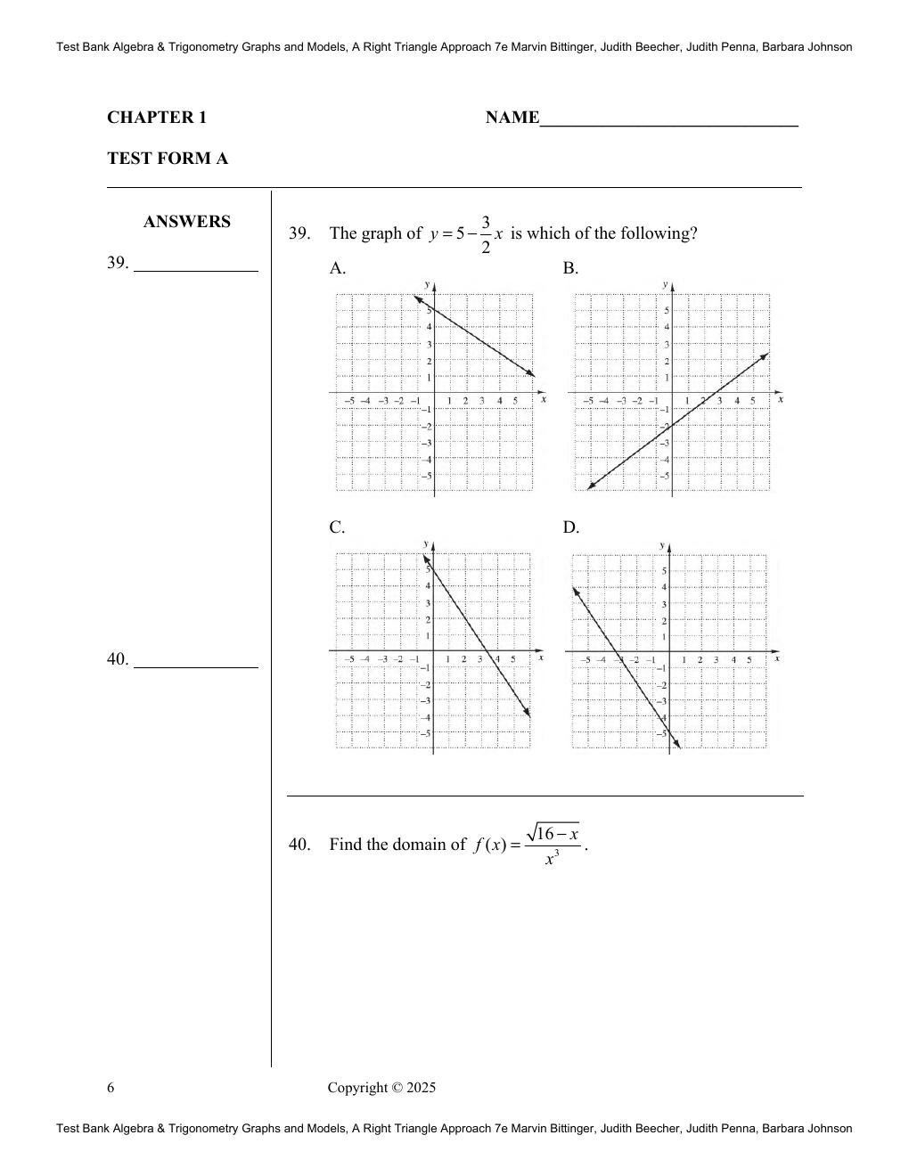 Preview page 10 of Test Bank Algebra & Trigonometry Graphs and Models, A Right Triangle Approach 7th Edition By Marvin Bittinger, Judith Be