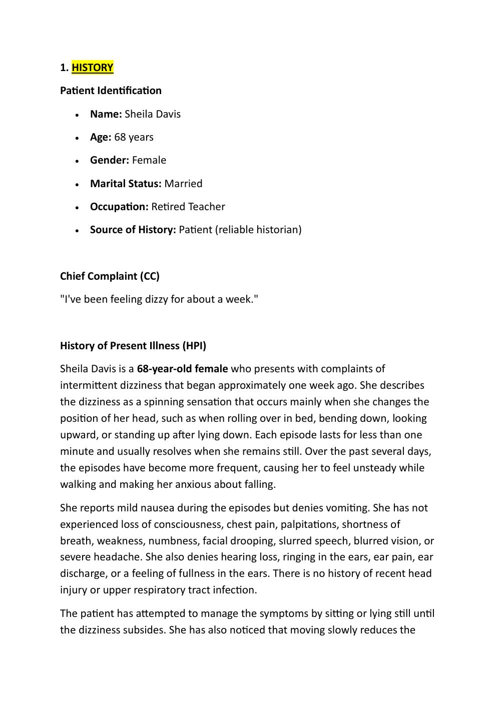 Preview page 3 of IHUMAN CASE STUDY. SHEILA  DAVIS, 68-YEAR-OLD. REASON  FOR ENCOUNTER: DIZZINESS.   EXAM STUDY GUIDE. GRADED A+.  LATEST