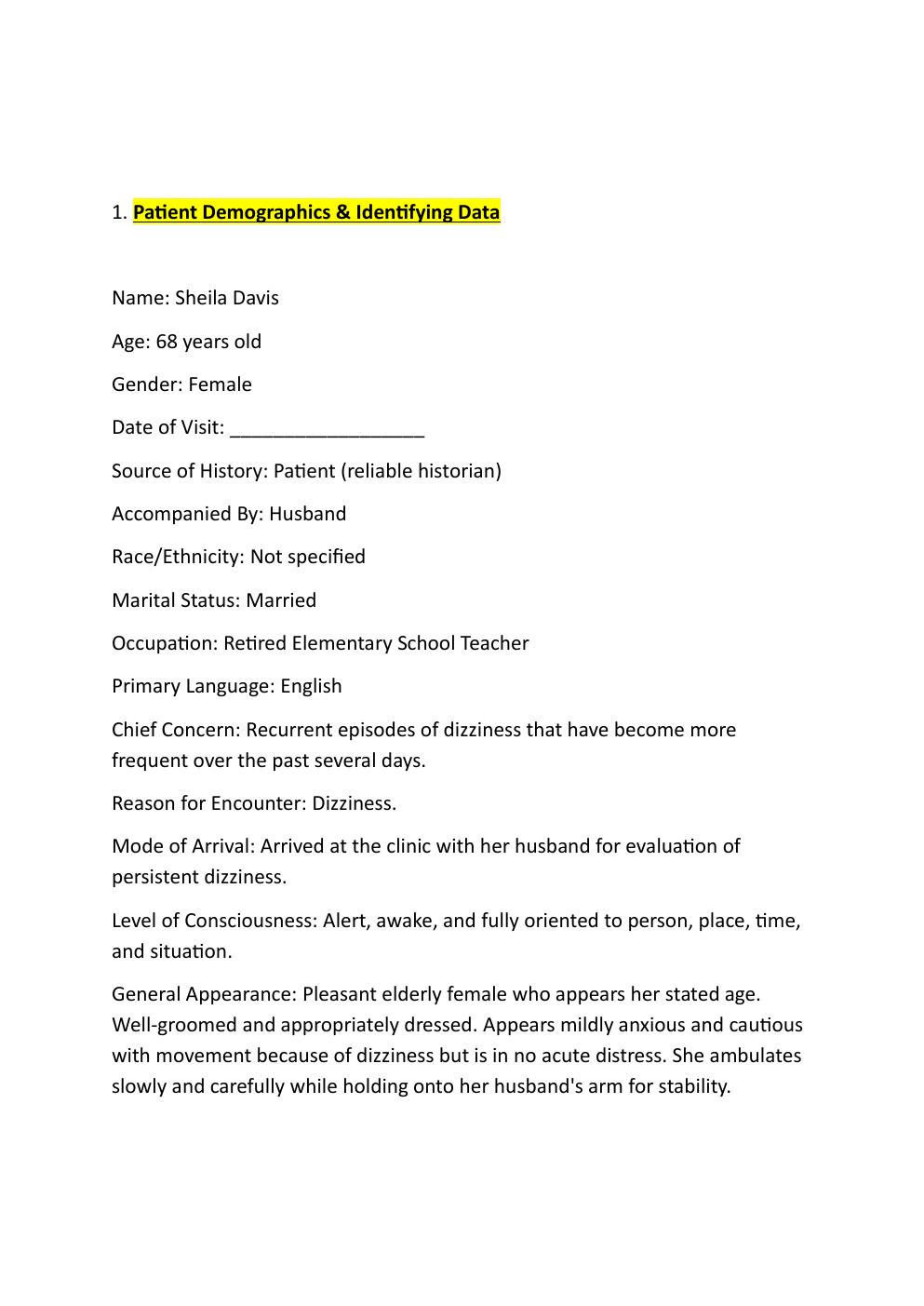 Preview page 3 of IHUMAN COMPREHENSIVE CASE  STUDY SHEILA DAVIS, 68-YEAR OLD. REASON FOR ENCOUNTER:  DIZZINESS.   EXAM STUDY GUIDE. GRADED