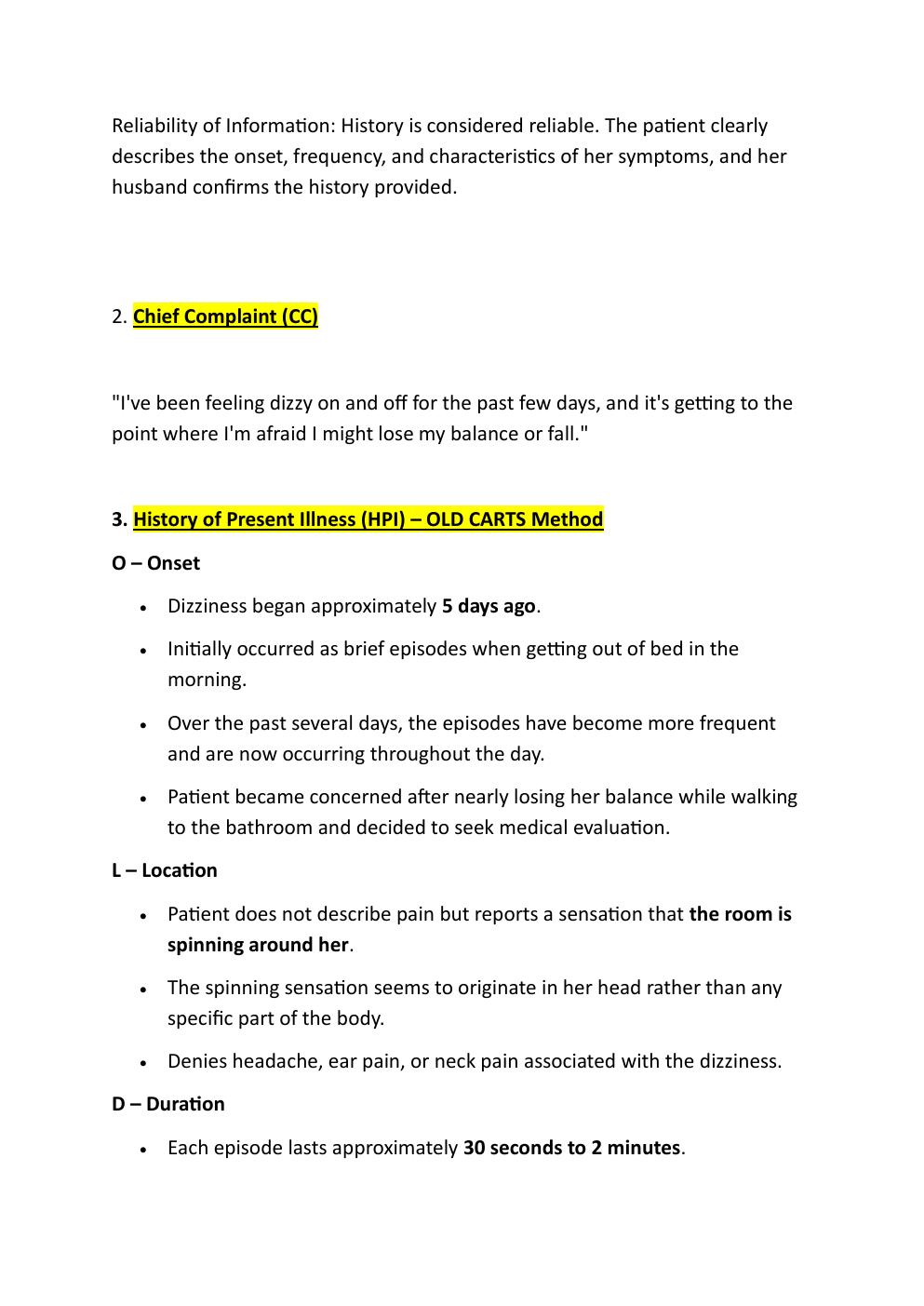 Preview page 4 of IHUMAN COMPREHENSIVE CASE  STUDY SHEILA DAVIS, 68-YEAR OLD. REASON FOR ENCOUNTER:  DIZZINESS.   EXAM STUDY GUIDE. GRADED