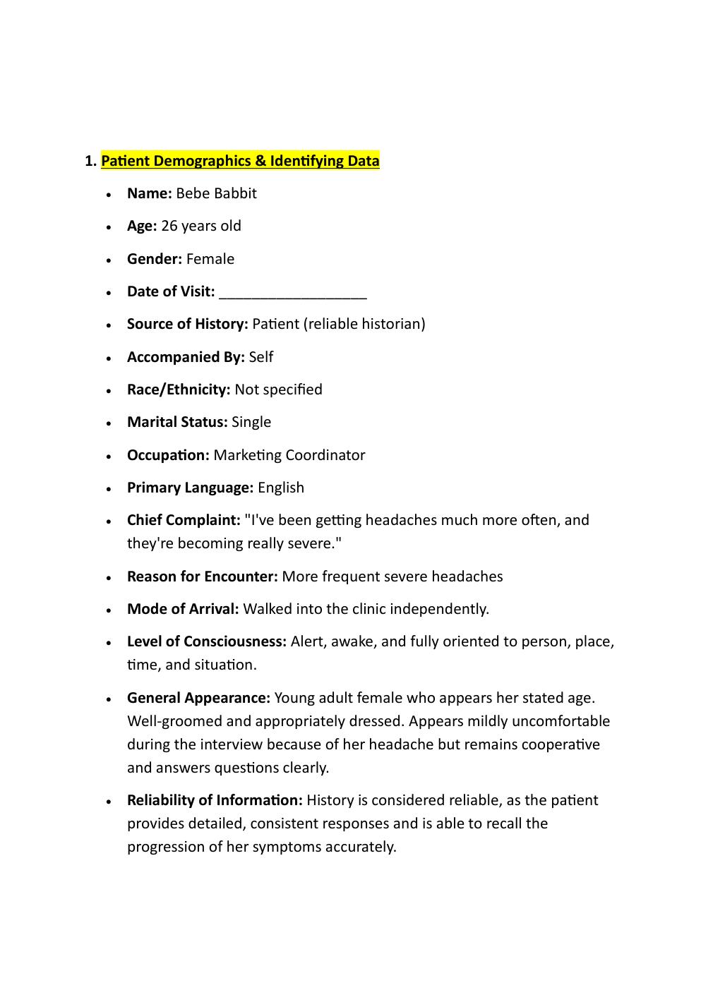Preview page 3 of COMPREHENSIVE IHUMAN CASE  STUDY. 26-YEAR-OLD, BEBE  BABBITT. REASON FOR  ENCOUNTER: MORE FREQUENT  SEVERE HEADACHES.