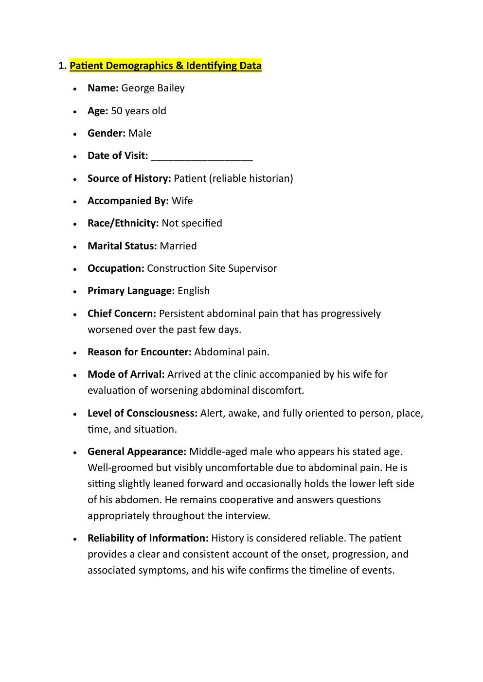 Preview page 3 of COMPREHENSIVE IHUMAN CASE  STUDY, 50-YEAR-OLD, GEORGE  BAILEY. REASON FOR  ENCOUNTER: ABDOMINAL PAIN.   EXAM STUDY GUIDE