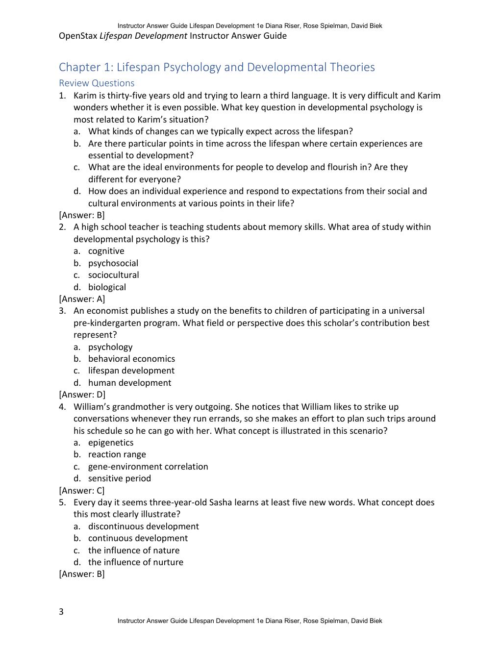 Preview page 3 of Instructor Answer Guide for Lifespan Development 1st Edition By Diana Riser, Rose Spielman, David Biek