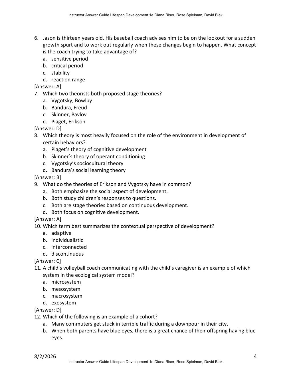 Preview page 4 of Instructor Answer Guide for Lifespan Development 1st Edition By Diana Riser, Rose Spielman, David Biek