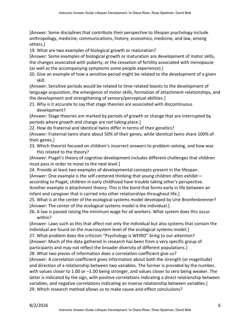 Preview page 6 of Instructor Answer Guide for Lifespan Development 1st Edition By Diana Riser, Rose Spielman, David Biek