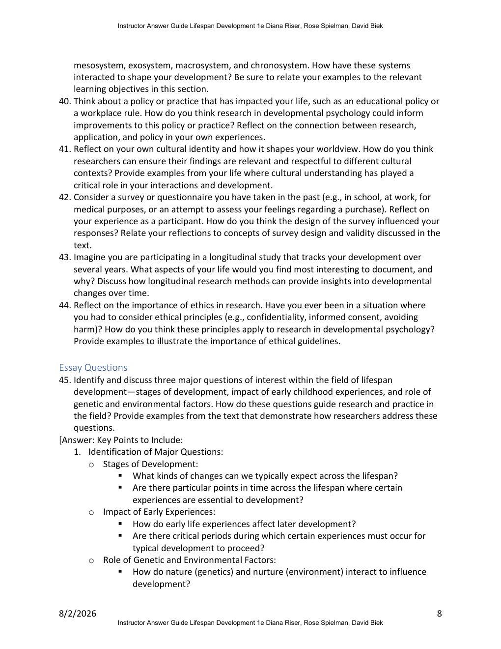 Preview page 8 of Instructor Answer Guide for Lifespan Development 1st Edition By Diana Riser, Rose Spielman, David Biek