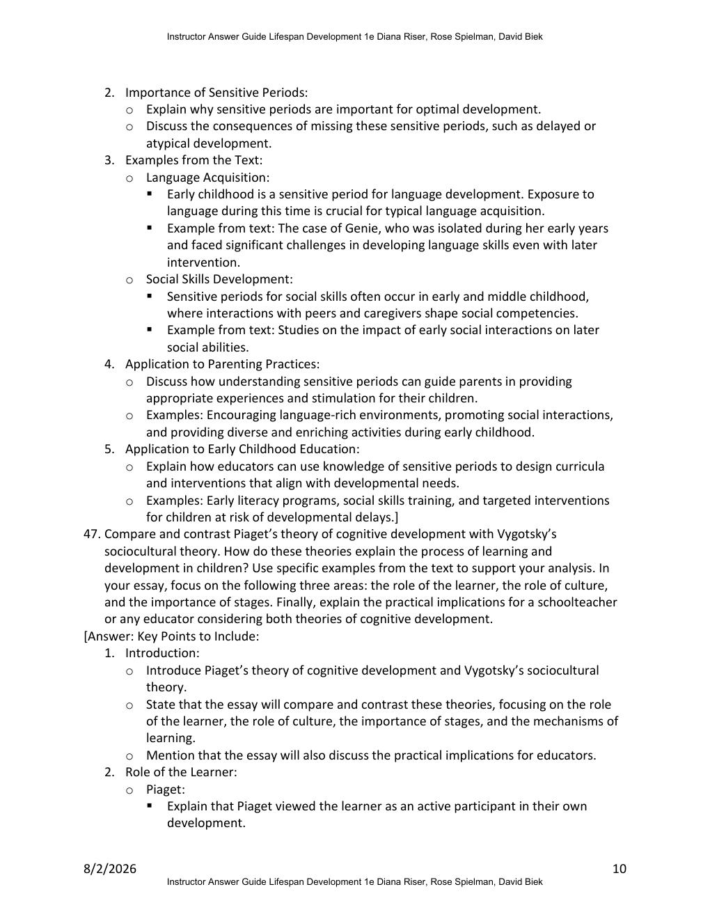 Preview page 10 of Instructor Answer Guide for Lifespan Development 1st Edition By Diana Riser, Rose Spielman, David Biek