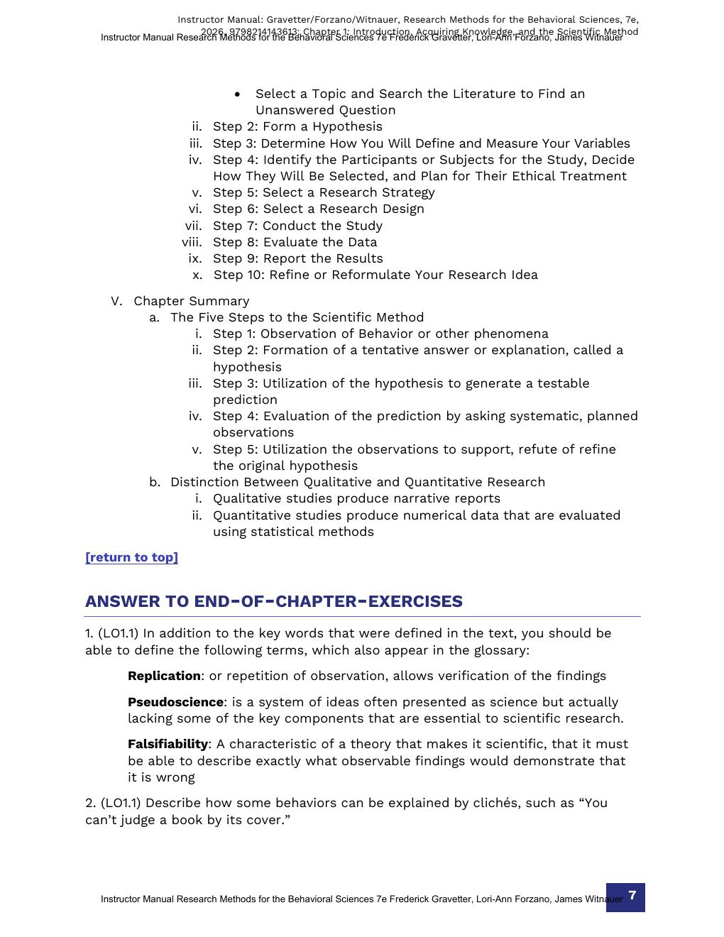 Preview page 10 of Instructor Manual for Research Methods for the Behavioral Sciences 7th Edition By Frederick Gravetter, Lori-Ann Forzano,