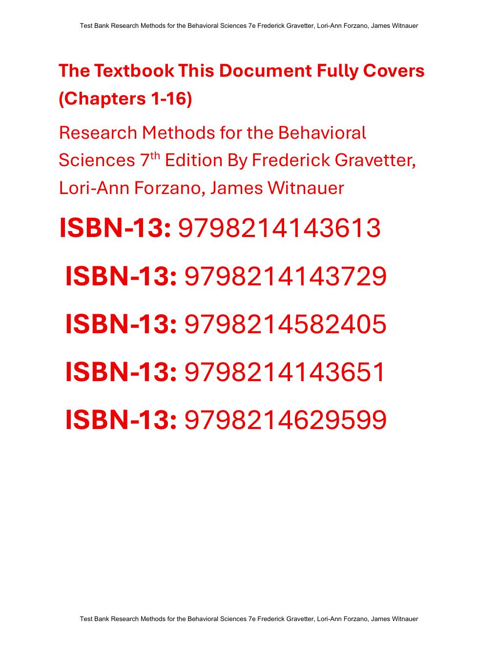 Preview page 2 of Test Bank for Research Methods for the Behavioral Sciences 7th Edition By Frederick Gravetter, Lori-Ann Forzano, James W