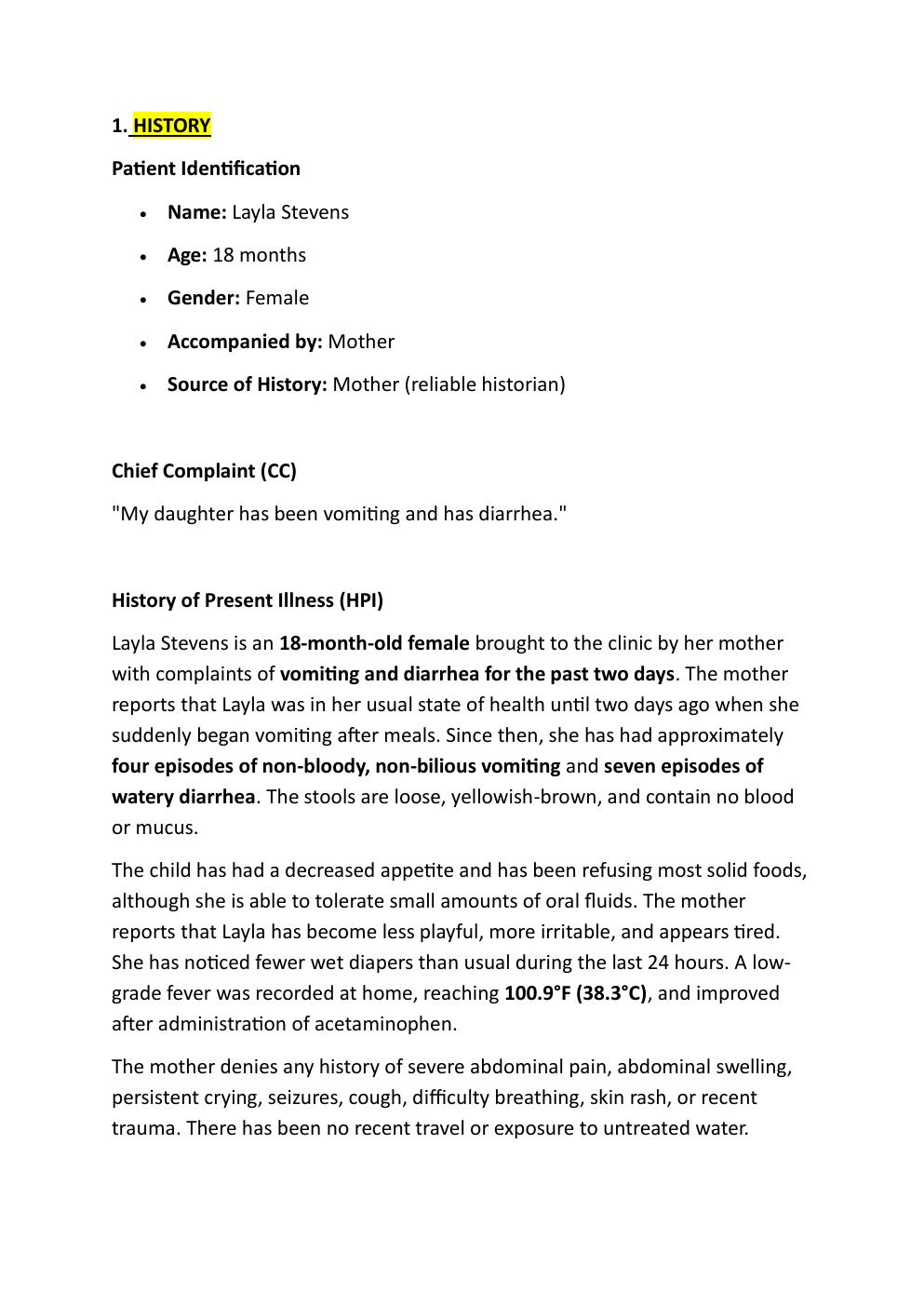 Preview page 3 of IHUMAN CASE STUDY. LAYLA  STEVENS, 18-MONTHS-OLD.  REASON FOR ENCOUNTER:  VOMITTING AND DIARRHEA.   EXAM STUDY GUIDE. GR