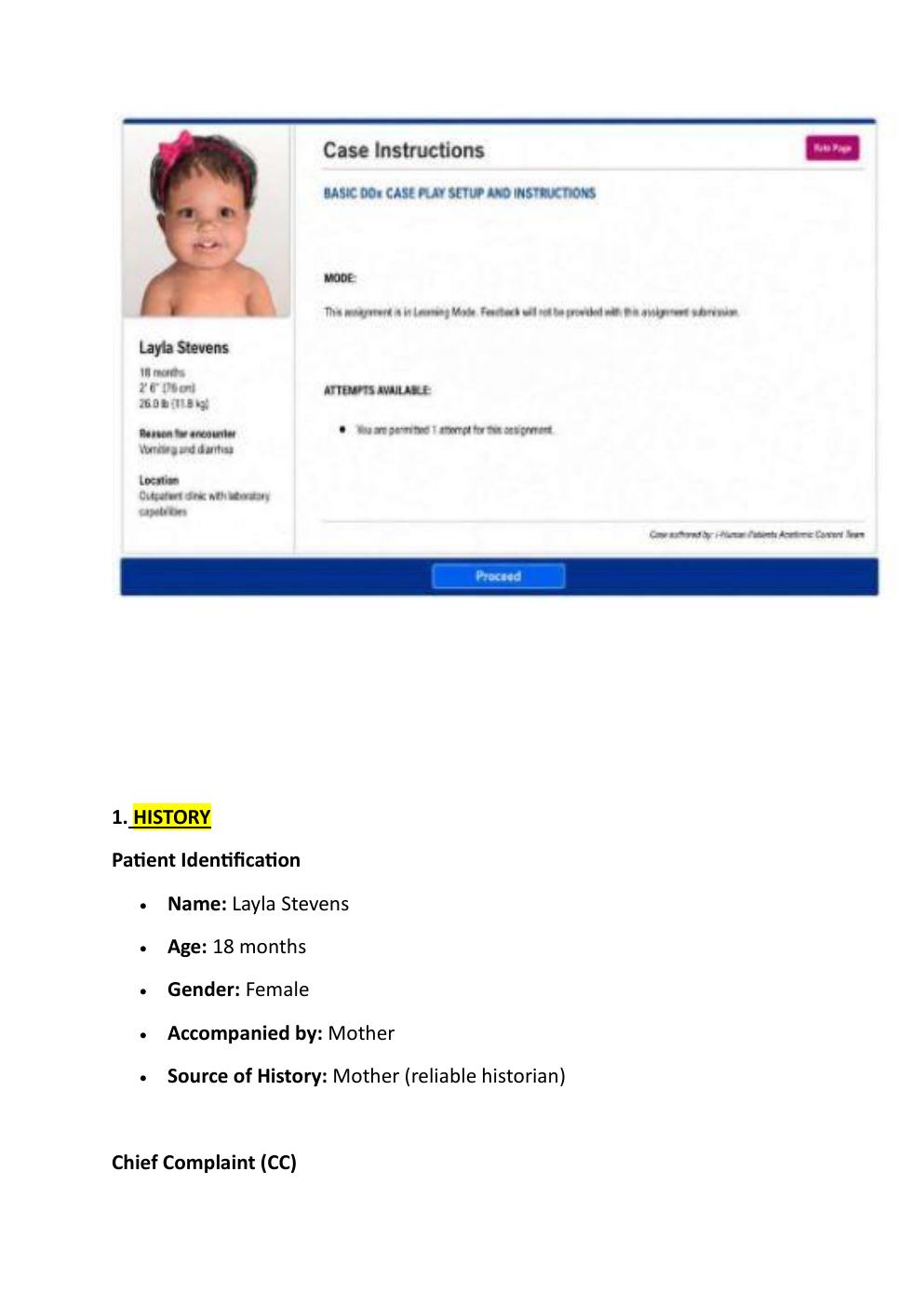Preview page 2 of COMPREHENSIVE IHUMAN  CASE STUDY. 18-MONTHS-OLD,  LAYLA STEVENS, REASON FOR  ENCOUNTER: VOMITTING AND  DIARRHEA.   WITH