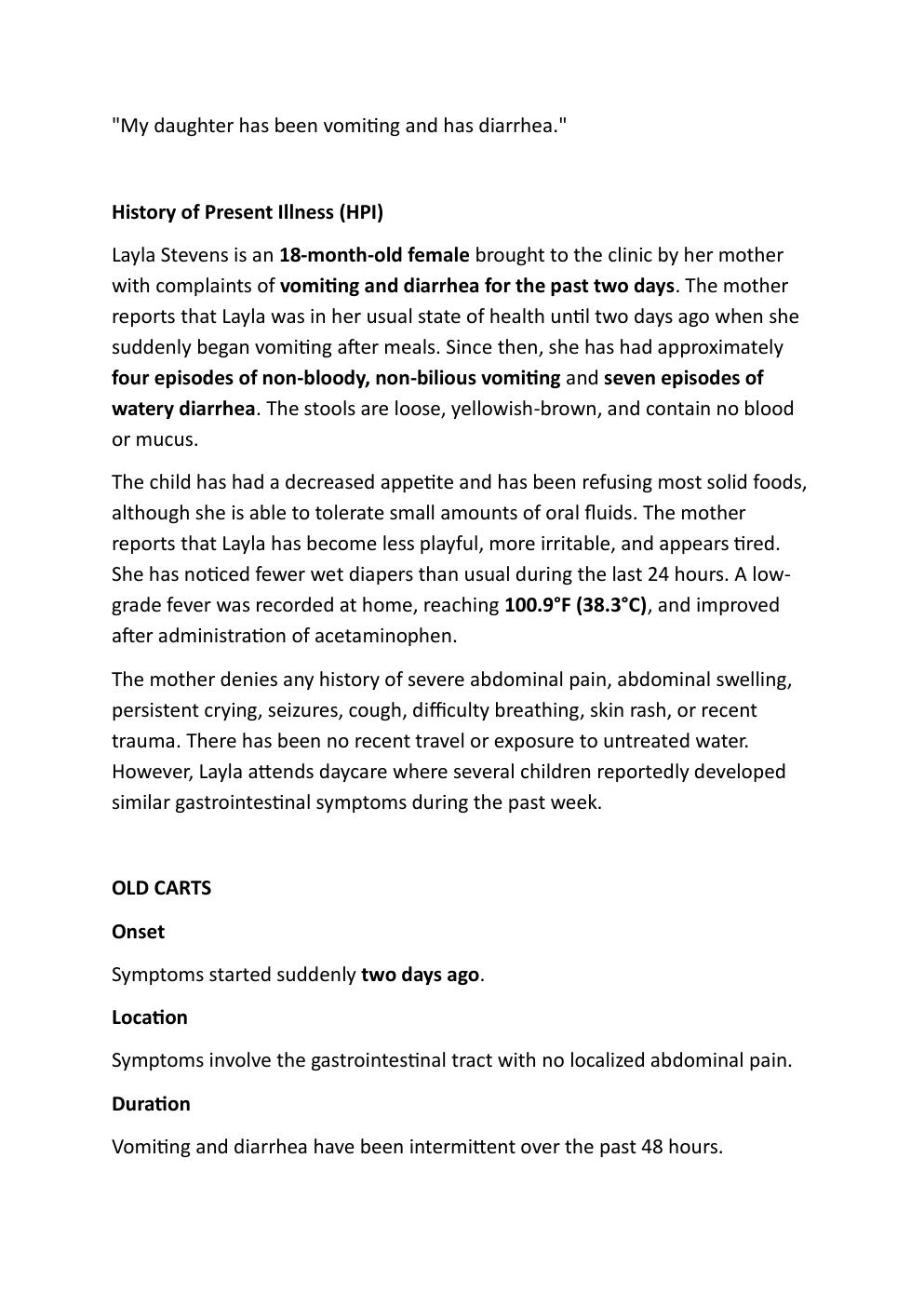 Preview page 3 of COMPREHENSIVE IHUMAN  CASE STUDY. 18-MONTHS-OLD,  LAYLA STEVENS, REASON FOR  ENCOUNTER: VOMITTING AND  DIARRHEA.   WITH