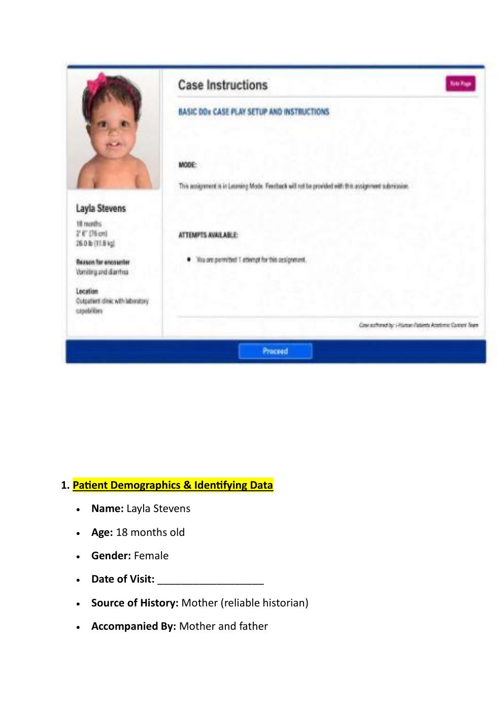 Preview page 2 of COMPREHENSIVE IHUMAN  CASE STUDY, 18-MONTHS-OLD  LAYLA STEVENS; REASON FOR  ENCOUNTER: VOMITING AND  DIARRHEA.  WITH A S