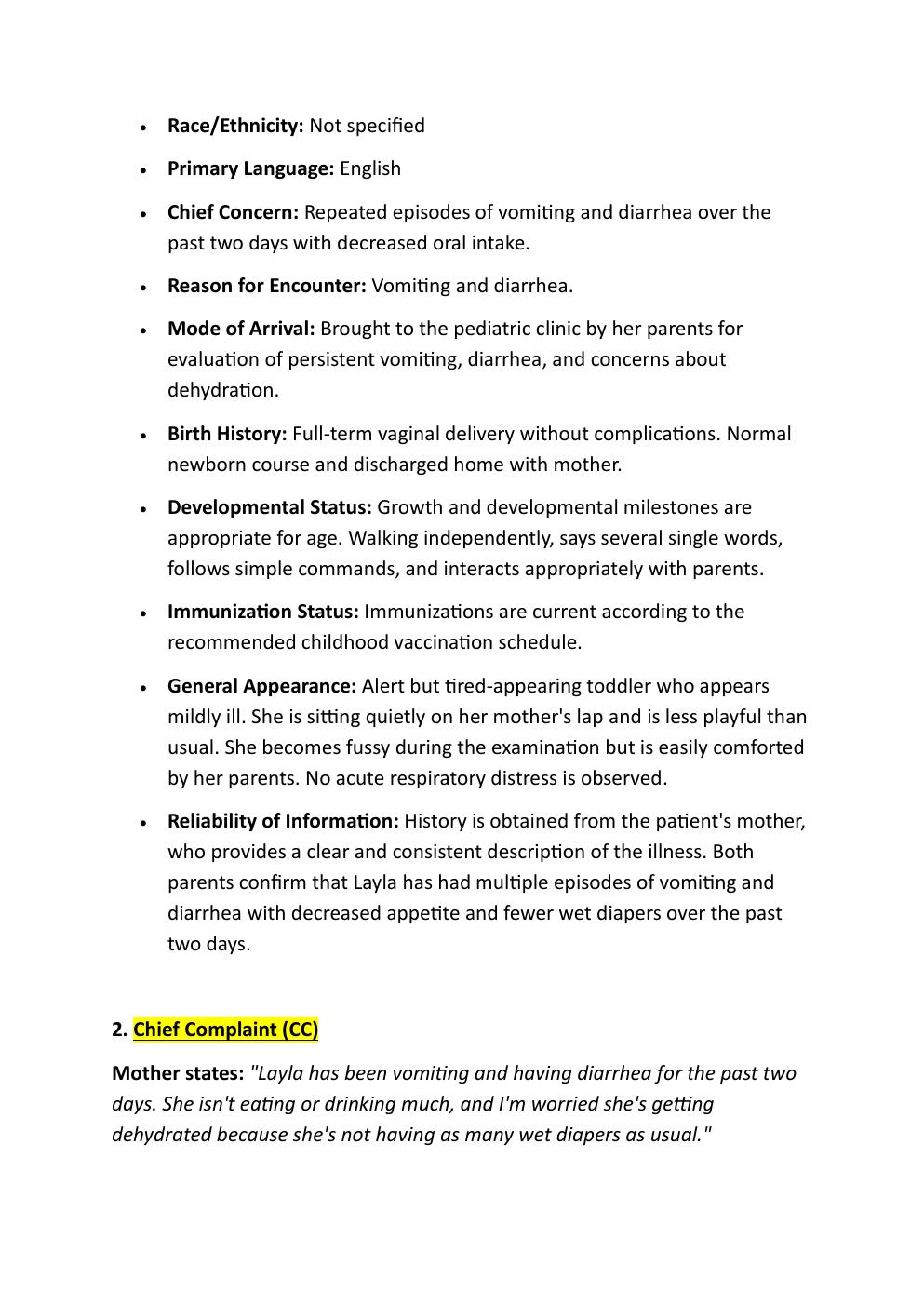 Preview page 3 of COMPREHENSIVE IHUMAN  CASE STUDY, 18-MONTHS-OLD  LAYLA STEVENS; REASON FOR  ENCOUNTER: VOMITING AND  DIARRHEA.  WITH A S