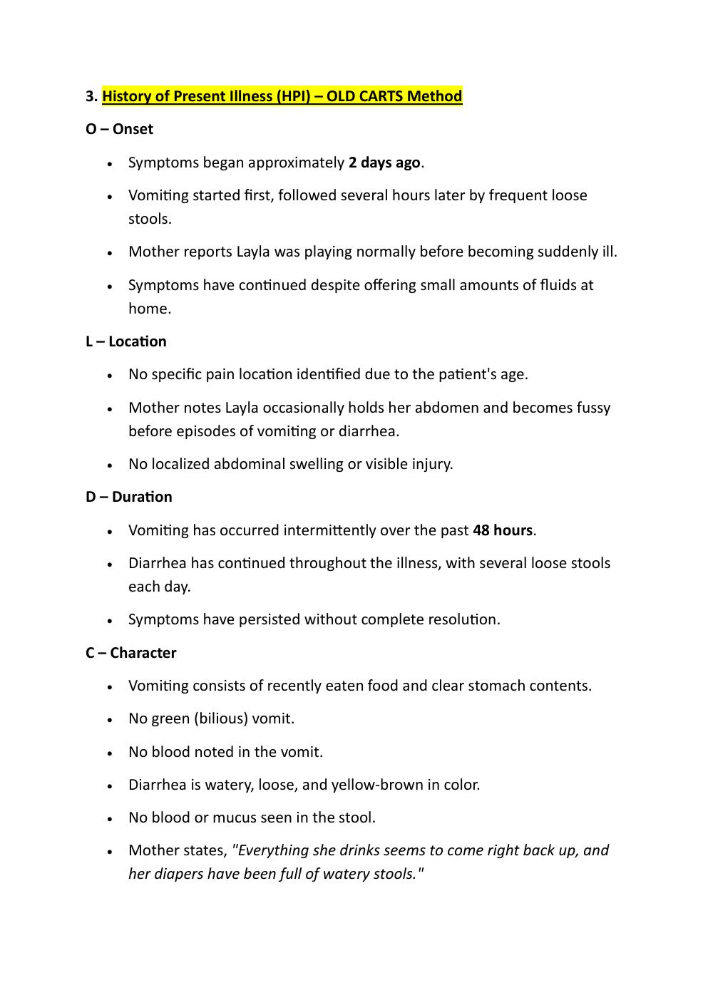 Preview page 4 of COMPREHENSIVE IHUMAN  CASE STUDY, 18-MONTHS-OLD  LAYLA STEVENS; REASON FOR  ENCOUNTER: VOMITING AND  DIARRHEA.  WITH A S