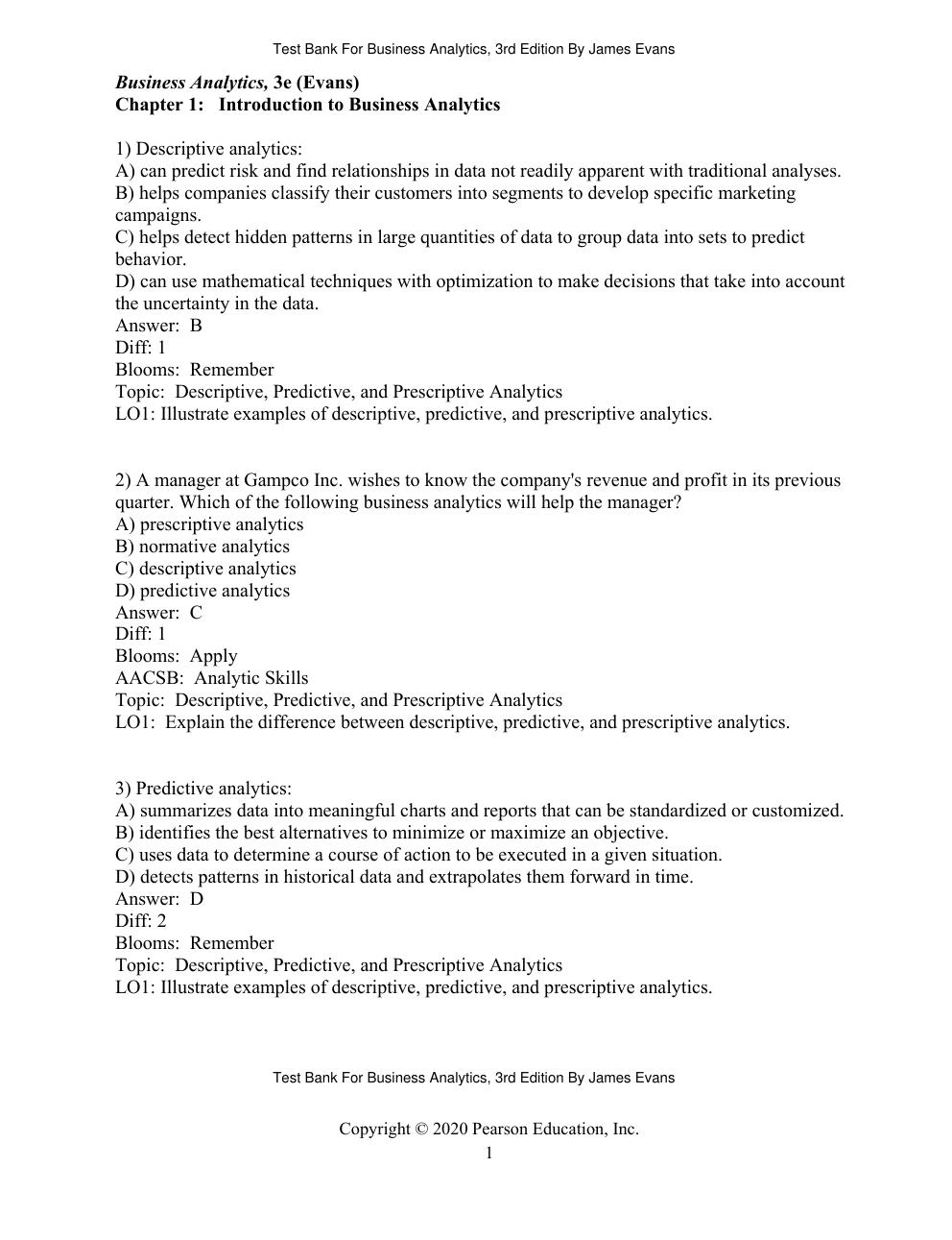 Preview page 3 of Test Bank For Business Analytics, 3rd Edition By James Evans