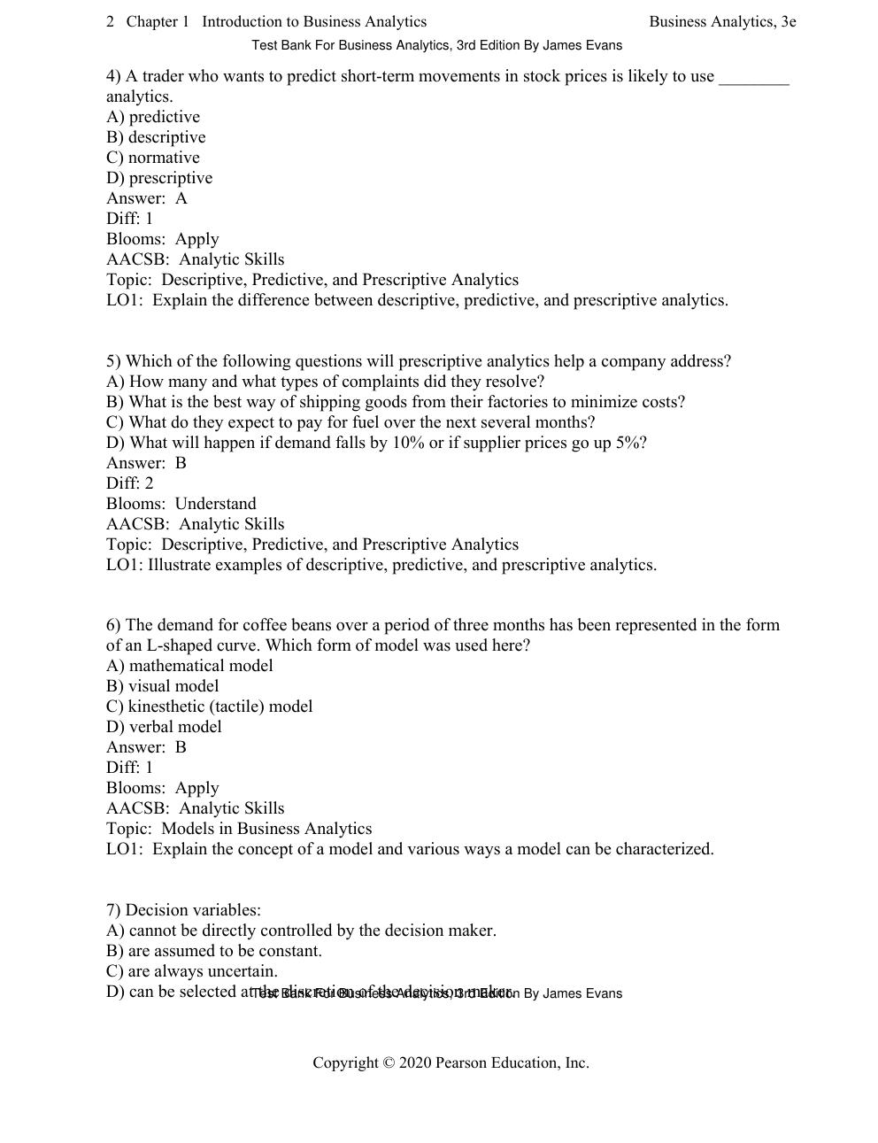 Preview page 4 of Test Bank For Business Analytics, 3rd Edition By James Evans