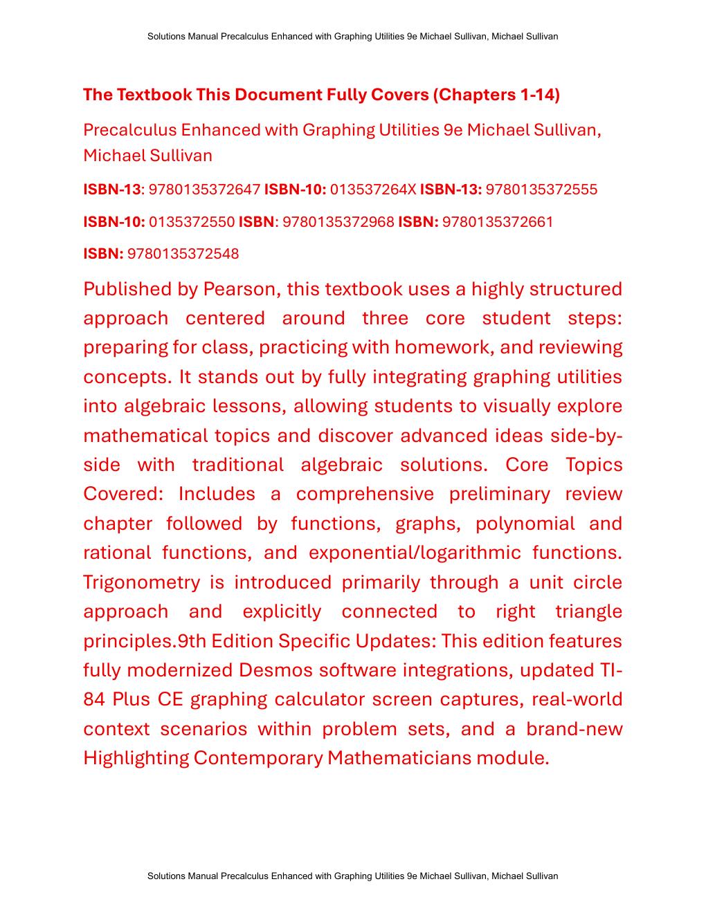 Preview page 2 of Solutions Manual Precalculus Enhanced with Graphing Utilities 9th Edition By Michael Sullivan, Michael Sullivan
