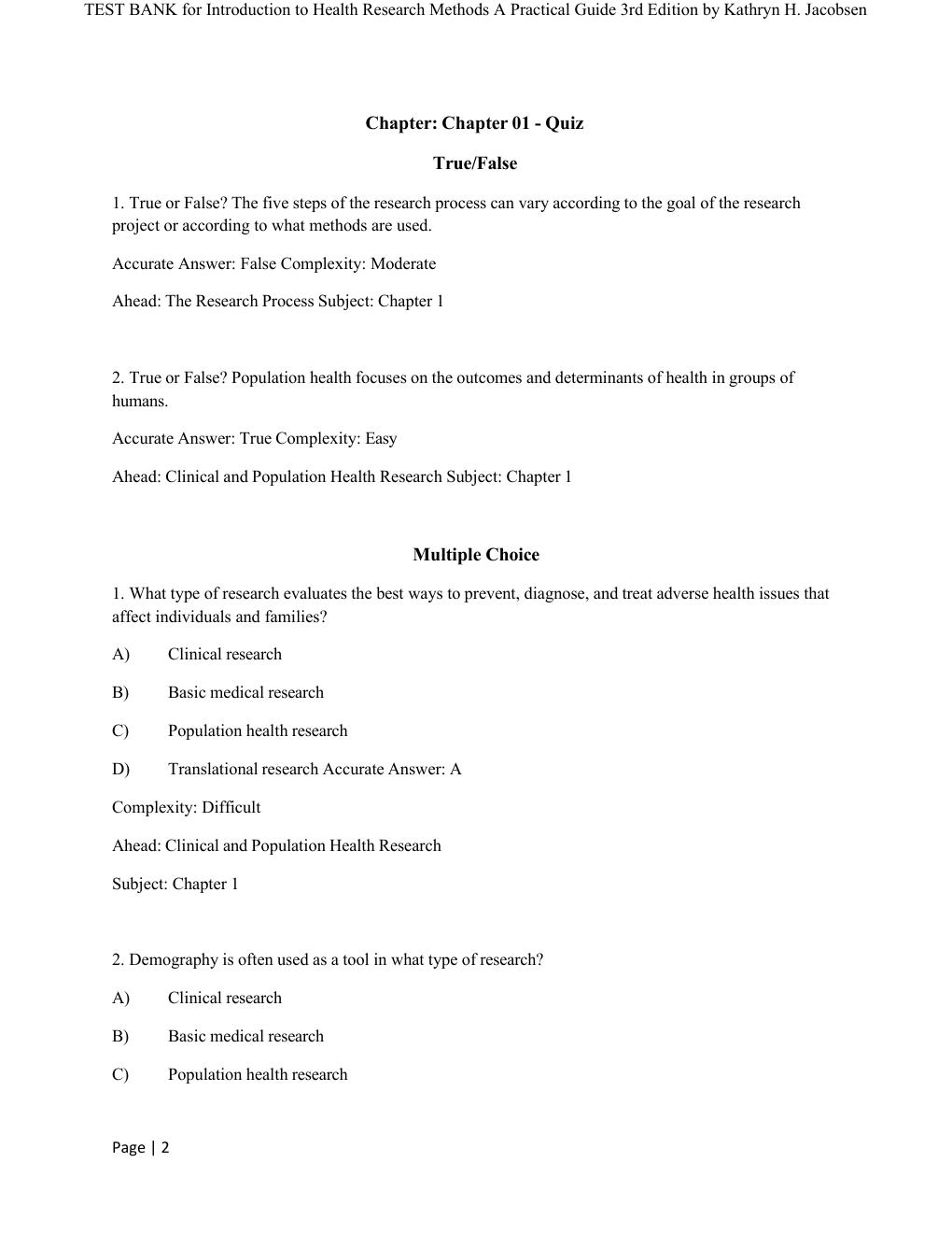 Preview page 2 of COMPLETE TEST BANK for Introduction to Health Research Methods A Practical Guide 3rd Edition by Kathryn H. Jacobsen All