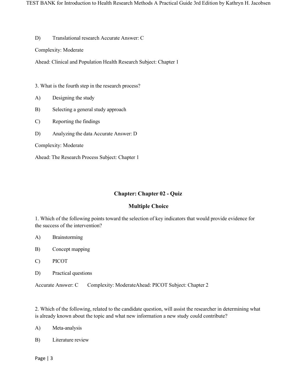Preview page 3 of COMPLETE TEST BANK for Introduction to Health Research Methods A Practical Guide 3rd Edition by Kathryn H. Jacobsen All