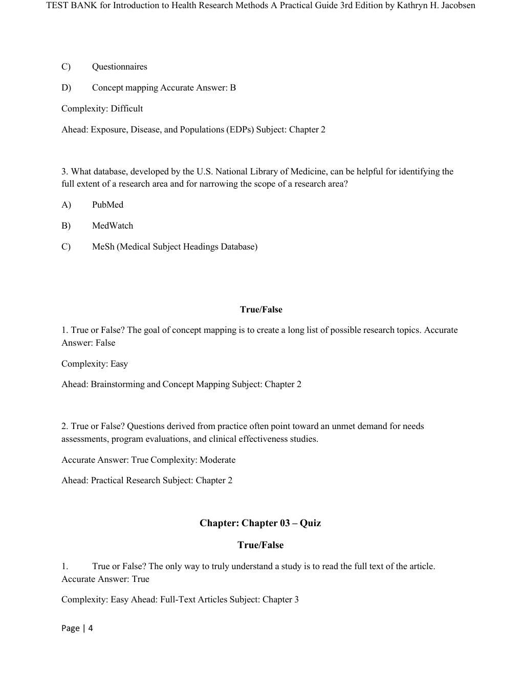 Preview page 4 of COMPLETE TEST BANK for Introduction to Health Research Methods A Practical Guide 3rd Edition by Kathryn H. Jacobsen All