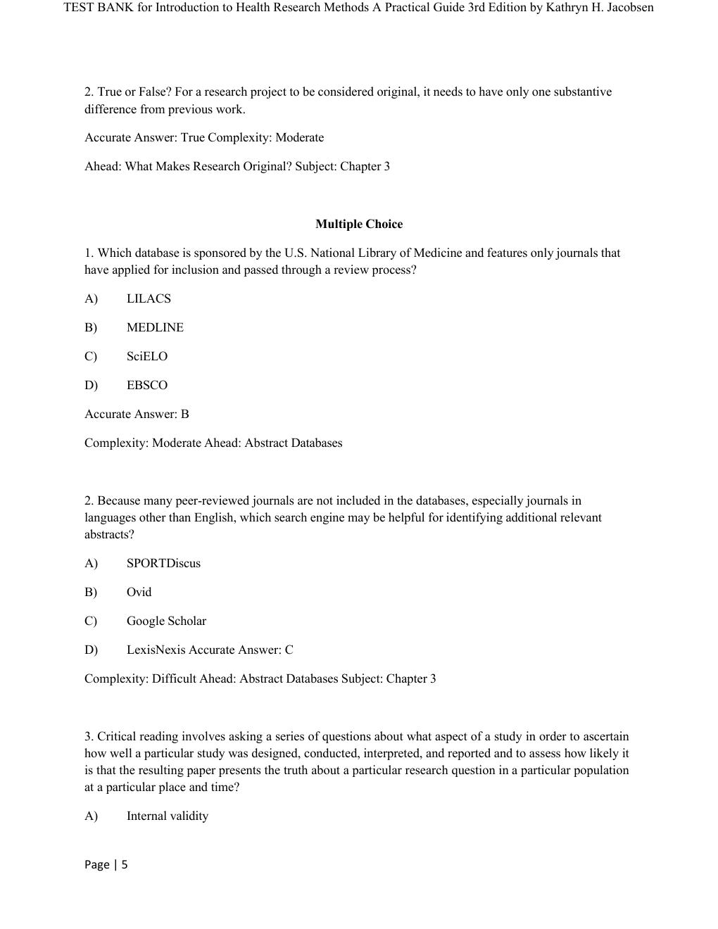 Preview page 5 of COMPLETE TEST BANK for Introduction to Health Research Methods A Practical Guide 3rd Edition by Kathryn H. Jacobsen All